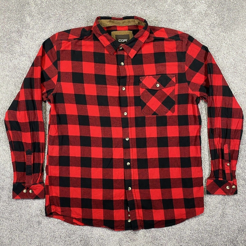 CQR Shirt Mens XL Tall Red Check Plaid Flannel Corduroy Trim Outdoor Gorpcore